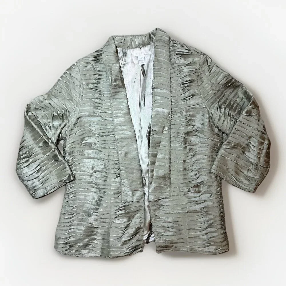 Chicos Blazer Jacket Women’s Size 1 Light Green Metallic Silky Raw Edge - Picture 9 of 15